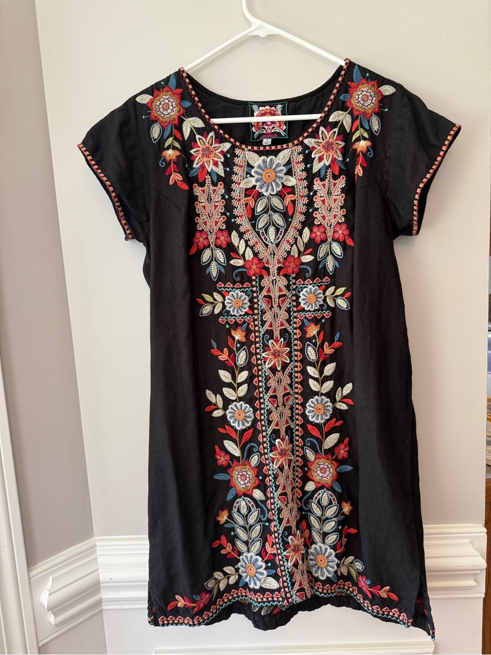 Jonny Was  Embroidered Floral Linen Shift Dress - Multicolor Black Size S